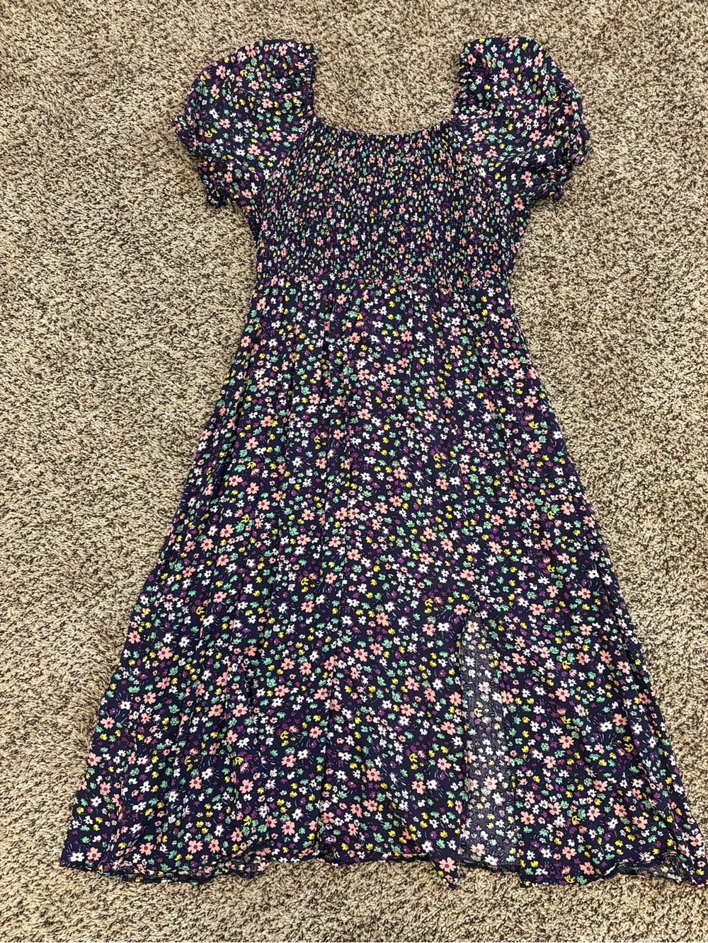 Navy Floral Smocked Puff-Sleeve Dress with Slit